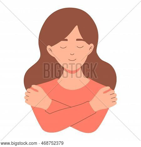 Girl Hugging Herself. Self Care, Love Yourself Concept Vector Illustration. International Women Day 