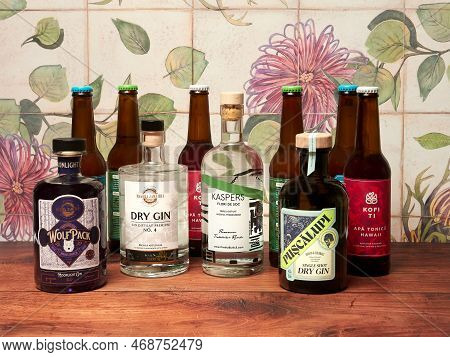 Bucharest, Romania - January 7, 2023: A Selection Of Romanian Premium Gin Brands Including Wolfpack,