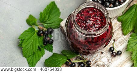 Delicious Black Currant Jam Urd, Custard Or Jam And Fresh Berries, Long Banner Format, Top View.