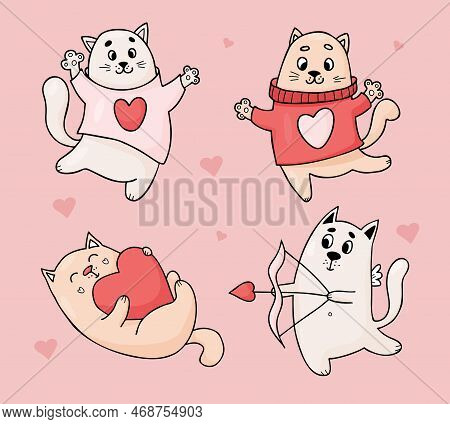 Collection Cats In Love. Cute Cupid Kitten With Arrow And Happy Pets With Heart. Vector Illustration