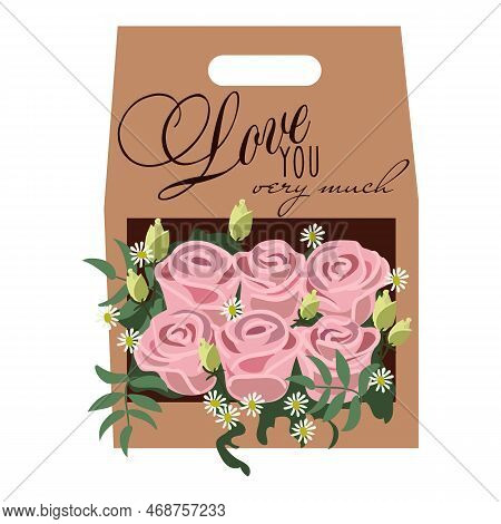 Illustration Of A Beautiful Gift Bouquet Isolated On A White Background In A Flat Style. A Bouquet I