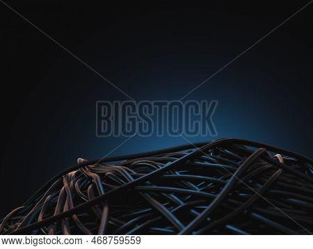A Jumbled Huge Pile Of Black Electrical Cables Creating A Stage On A Dark Omnious Background - 3d Re