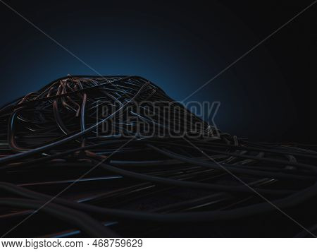 A Jumbled Huge Pile Of Black Electrical Cables Creating A Stage On A Dark Omnious Background - 3d Re