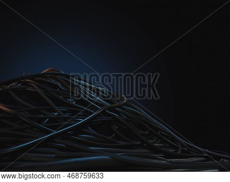 A Jumbled Huge Pile Of Black Electrical Cables Creating A Stage On A Dark Omnious Background - 3d Re