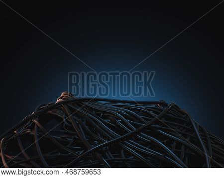 A Jumbled Huge Pile Of Black Electrical Cables Creating A Stage On A Dark Omnious Background - 3d Re