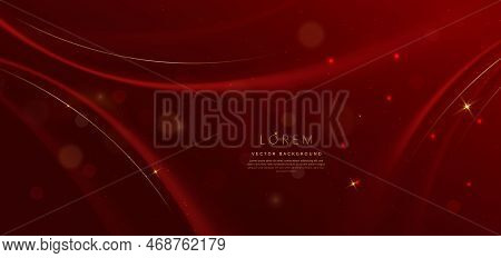 Abstract Red Elegant Background With Gold Curved Lines And Ligthing Effect And Bokeh. Luxury Design 