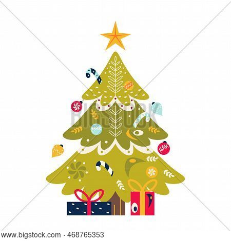 Vector Cartoon Cute Christmas Tree Illustration Isolated