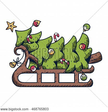 Vector Cartoon Cute Christmas Tree And Sled Illustration Isolated