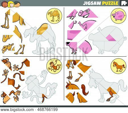 Cartoon Illustration Of Educational Jigsaw Puzzle Tasks Set With Comic Animal Characters