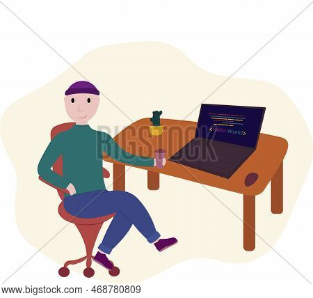 Programmer Sitting Next To The Laptope With Coding