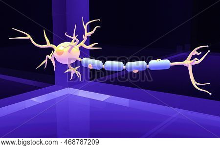3d Representation Of A Neuron And Its Parts: Dendrite, Nucleus, Soma, Nerve Ending, Axon, Myelin She