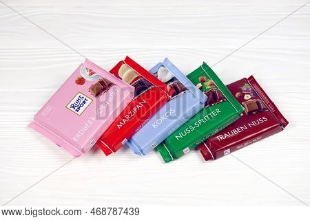 Kharkiv, Ukraine - December 8, 2020: Ritter Sport Chocolate Product. Ritter Sport Company Was Founde