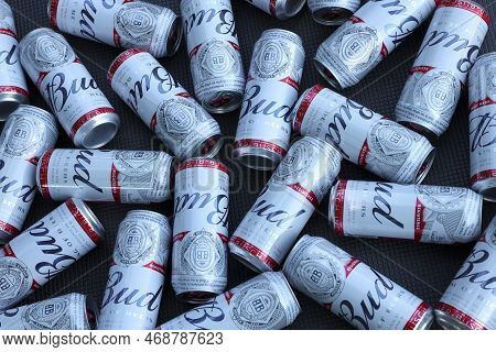 Sumy, Ukraine - August 01, 2021: Many Cans Of Budweiser Lager Alcohol Beer - Budweiser Is A Brand Fr
