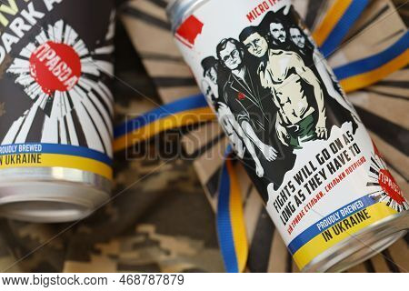 Kyiv, Ukraine - May 4, 2022 Localy Brewed Beer Called Fights Will Go On As Long As They Have To Feat