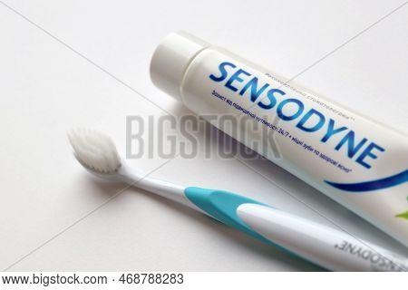Kyiv, Ukraine - May 4, 2022 Sensodyne Fluorine Or Fluor Is A Daily Fluoride Toothpaste That Helps Pr