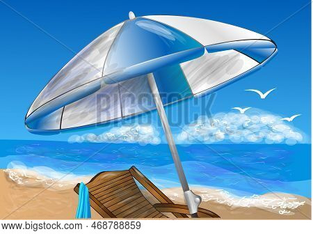 Beach Illustration. Sunner Illustration With Umbrella And Chair