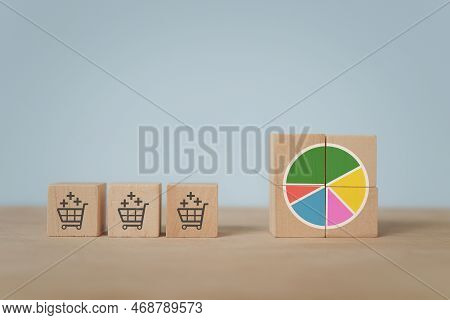 Market Share Concept. Business Strategy To Increase Sales Volume. Circle Chart And Shopping Cart Wit