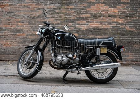 Vicenza, Italy - August 12 2022: Black Vintage Bmw R 75/5, A Classic 1970s Motorcycle Or Motorbike