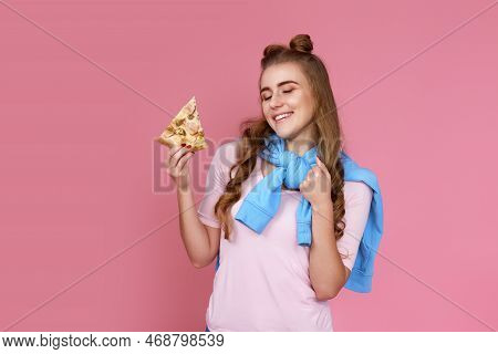Excited Woman Eating With Satisfation Pizza Slice