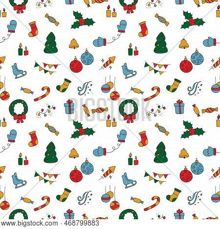 Seamless Texture From New Year Icons, Christmas Symbol. Pattern From Hand Drawn Winter Olidays Icons