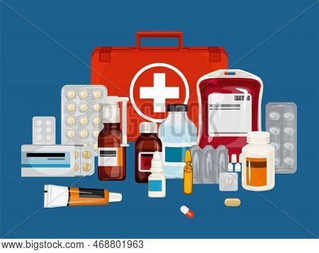Healthcare Medications Flat Background Demonstrated Blisters Of Pills Flacks With Drops Solution Or 
