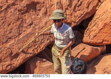 Twyfelfontein, Damaraland, Namibia - 05 October 2018: Tourists In Twyfelfontein, Site Of Ancient Roc