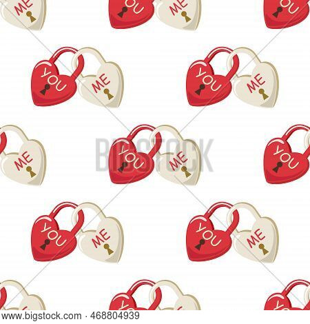 Seamless Pattern Of Heart Intertwined Padlocks On Isolated Background. Romantic Love Design For Love
