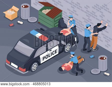 Scene Of Offenders Detention Isometric Background With Officers Police Car And Gang Vector Illustrat