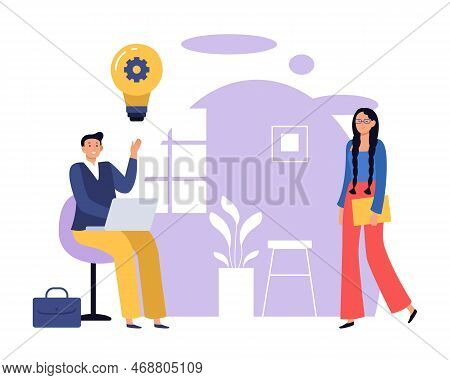 Creative Idea. Man Sitting And Working At Laptop Generating Thoughts. Female Character Coming To Col