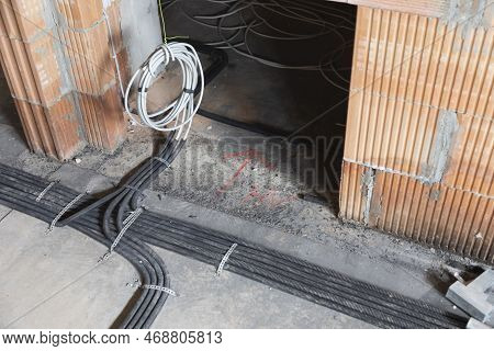 Cable Canal For Eletric Installation At The Construction Site With Red Hollow Stones In Germany