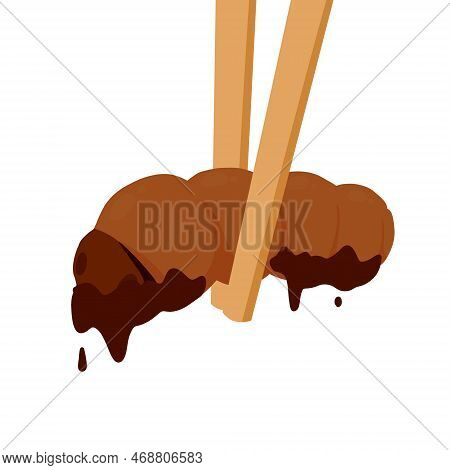Edible Larva. Eating Caterpillar With Chopsticks. Asian Snack And Street Fast Food. Source Of Insect
