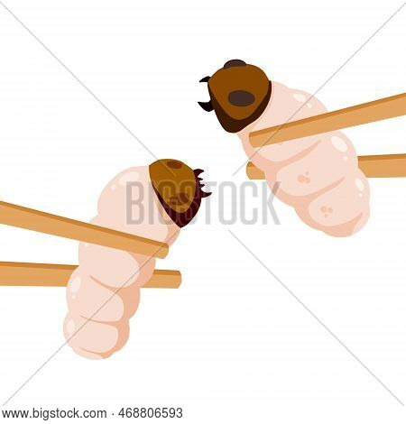 Edible Larva. Eating Caterpillar With Chopsticks. Asian Snack And Street Fast Food. Source Of Insect