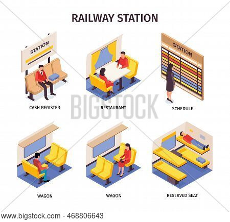Railway Station Design Concept Set Of Cash Register Schedule Reserved Seat Wagon Restaurant Isolated