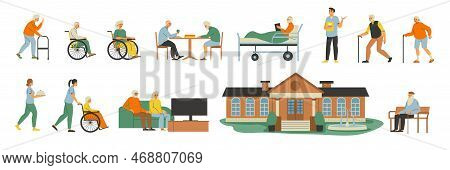 Staff And Inhabitants Of Nursing Home Flat Set With Elderly People Spending Leisure Time Together An