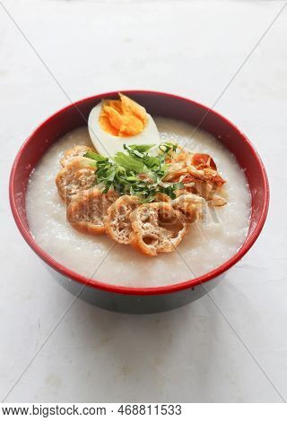 Congee Porridge With Chicken Slice, Tofu, Egg. Congee Porridge From Hong Kong. Chinese Food
