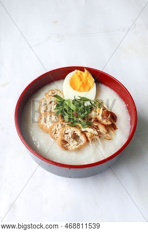 Congee Porridge With Chicken Slice, Tofu, Egg. Congee Porridge From Hong Kong. Chinese Food
