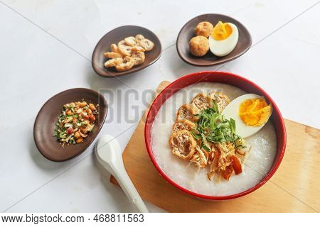 Congee Porridge With Chicken Slice, Tofu, Egg. Congee Porridge From Hong Kong. Chinese Food