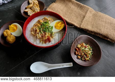 Congee Porridge With Chicken Slice, Tofu, Egg. Congee Porridge From Hong Kong. Chinese Food