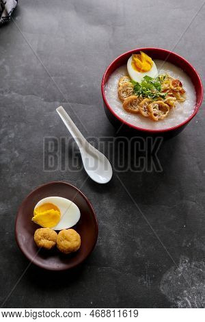 Congee Porridge With Chicken Slice, Tofu, Egg. Congee Porridge From Hong Kong. Chinese Food