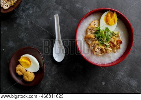 Congee Porridge With Chicken Slice, Tofu, Egg. Congee Porridge From Hong Kong. Chinese Food