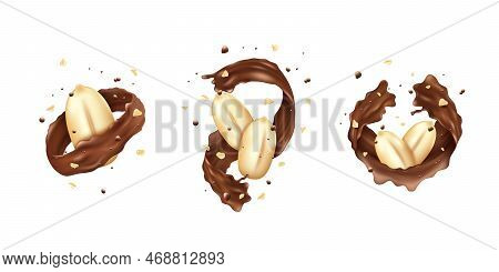 Realistic Chocolate Splash With Peanuts. 3d Sweet Nuts. Milk Swirl For Package. Candy Snack Pack Ele