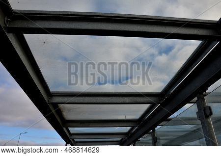 Strut, Suspended Glass Roof Above The Building Entrance. Bus Station, Railway Station. Cable Wind Br