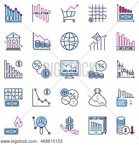 Inflation Colored Icons - Financial Crisis And Hyperinflation Concept Vector Modern Symbols Collecti