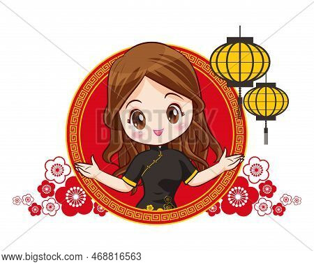 Pretty Chinese Girl In Mandarin Gown With Chinese New Year Festival With Space Frame