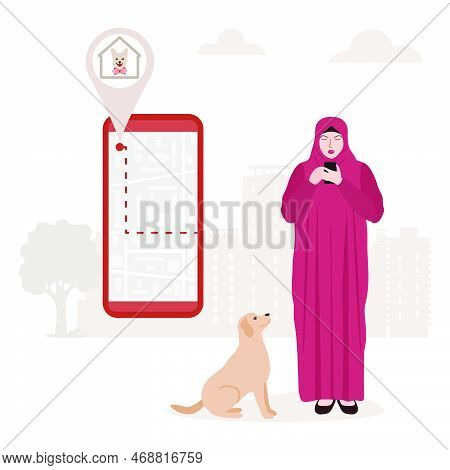 Vector Illustration Muslim Female Uses Application On Cell Phone For Search The Dog Shelter, Pet Hot