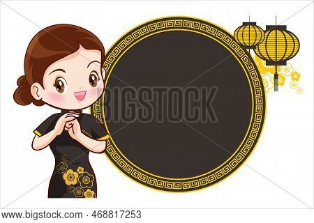 Pretty Chinese Girl In Mandarin Gown With Chinese New Year Festival With Space Frame