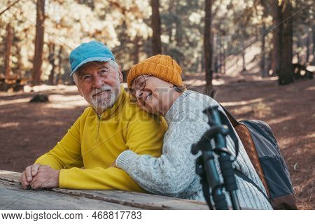 Head Shot Portrait Close Up Of Cute Couple Of Old Middle Age People Having Fun And Enjoying Together
