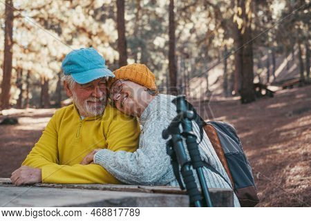 Head Shot Portrait Close Up Of Cute Couple Of Old Middle Age People Having Fun And Enjoying Together