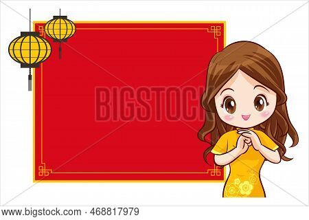 Pretty Chinese Girl In Mandarin Gown With Chinese New Year Festival With Space Frame