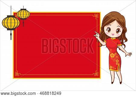 Pretty Chinese Girl In Mandarin Gown With Chinese New Year Festival With Space Frame